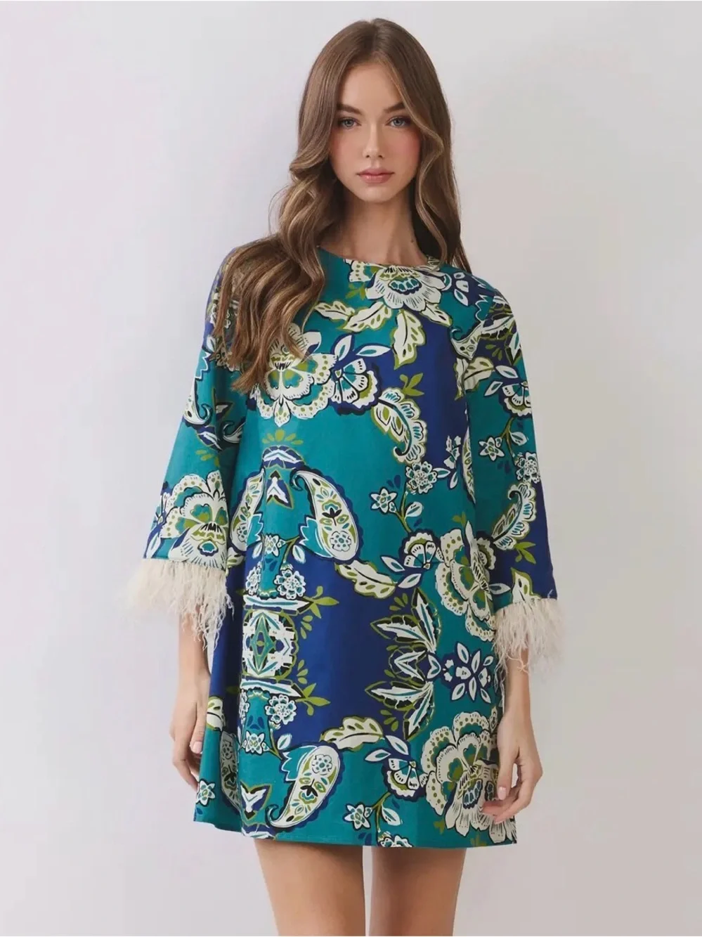 LOVE! Feather Trim Cuffed Jewel Tone Paisley Shift Dress Sz S M L Tuckernuck - Picture 5 of 8